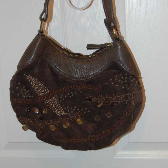 David & Scotti Brown Leather & Soft Material Small Purse W/ Embroidery& Beads - Picture 3 of 16